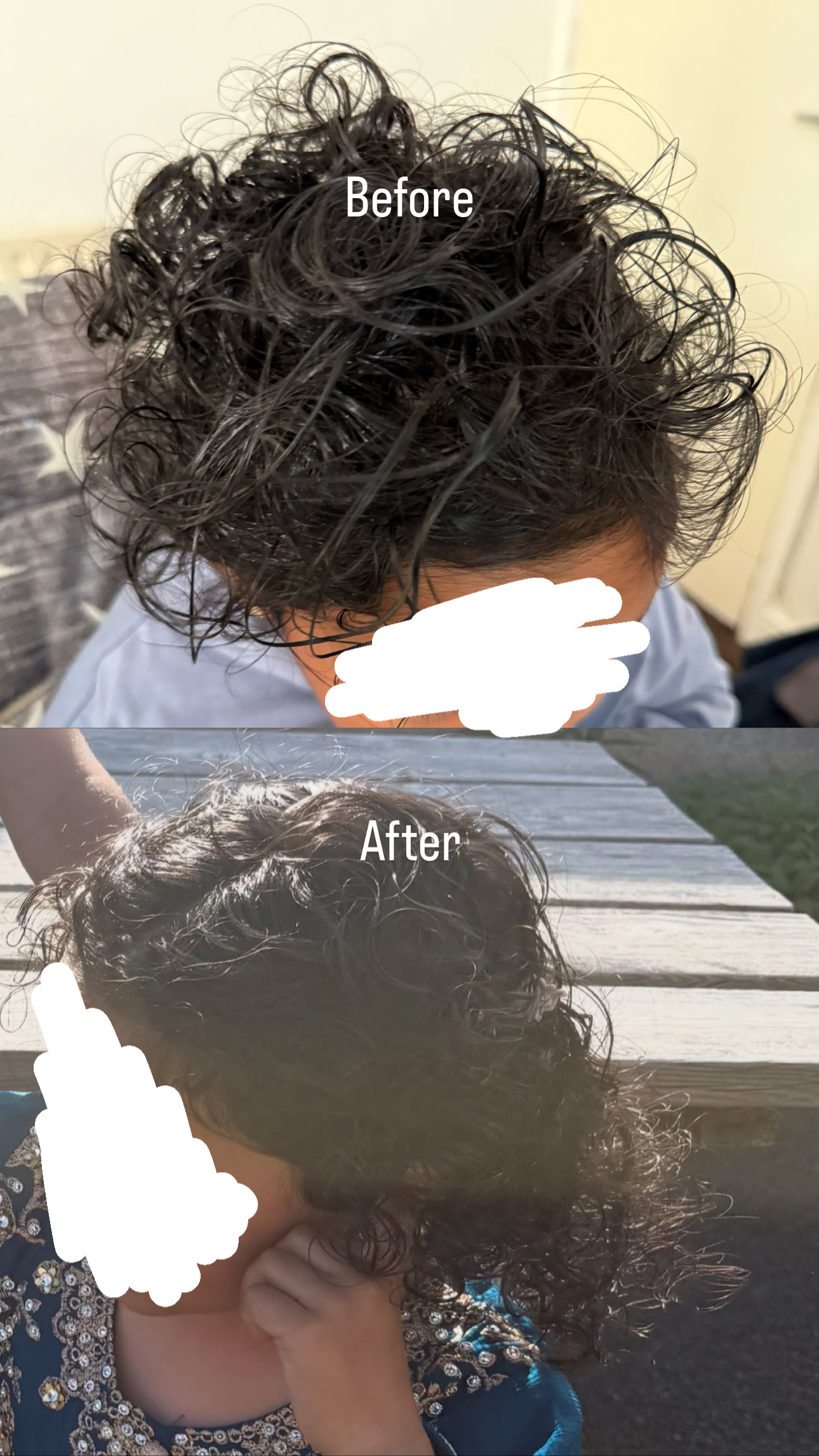 A before and after comparison showing growth in a little girl's hair length