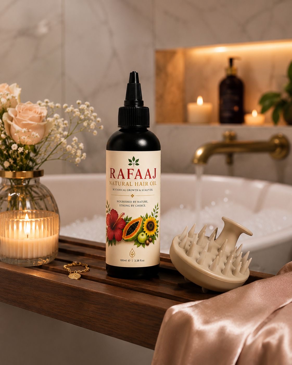 rafaaj hair oil shown with a bubble bath in the background and a candle and flowers on the side