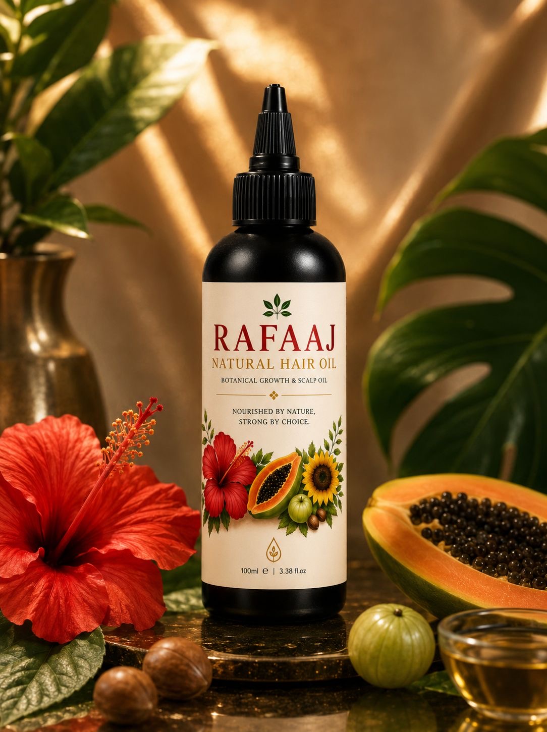 rafaaj hair oil shown with flowers and fruits in the background