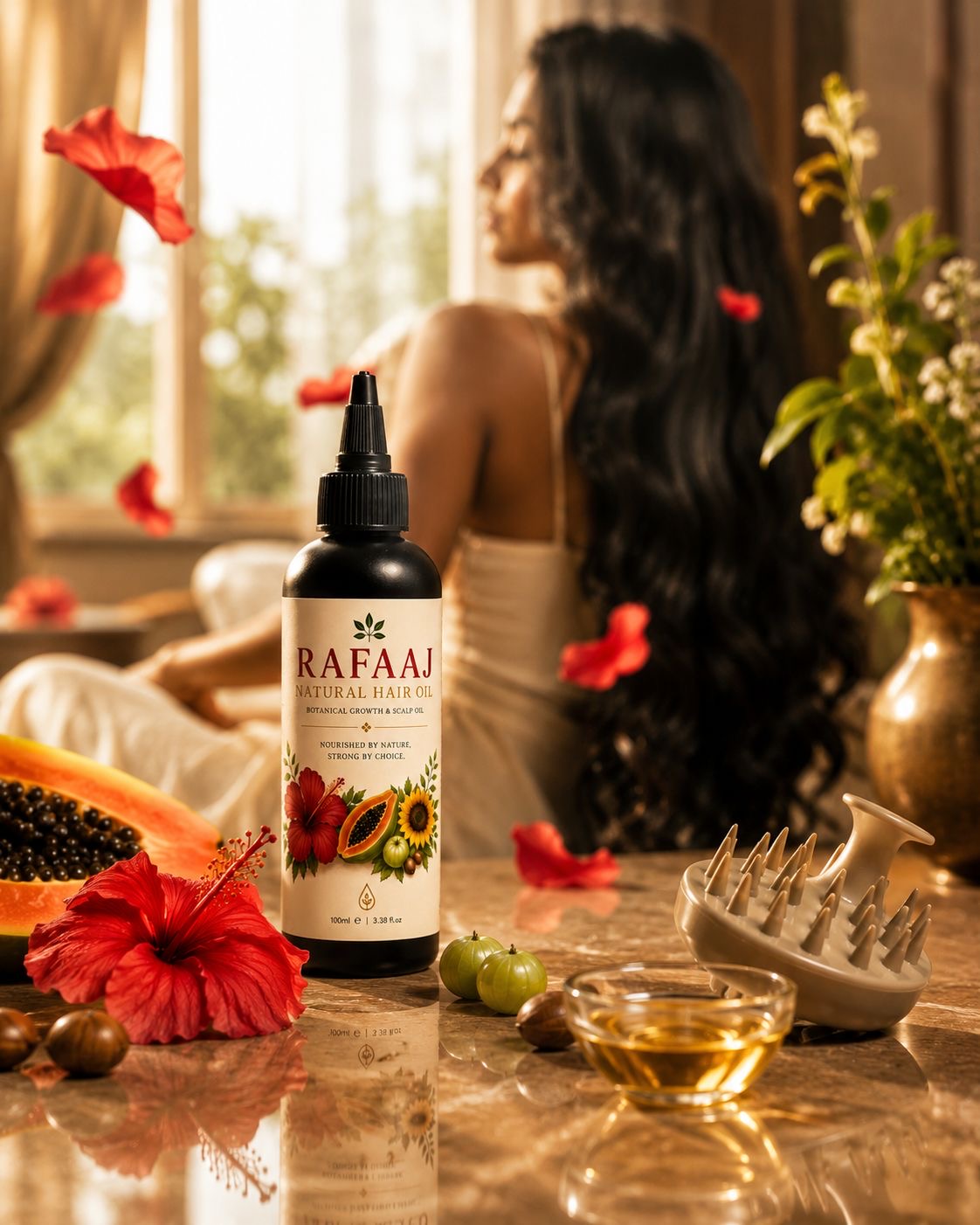 rafaaj hair oil shown with a woman in the back showing her hair and posing